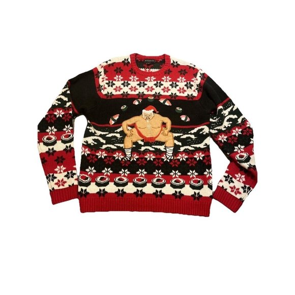 Blizzard Bay Ugly Christmas Sweater Mens‎ Size L Santa Sumo Wrestler With Sushi - Picture 1 of 10